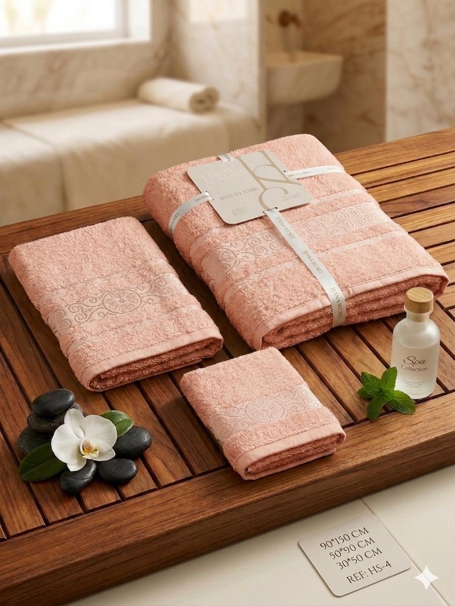 Ensemble Serviettes Eponge Decore – Rose Saumon