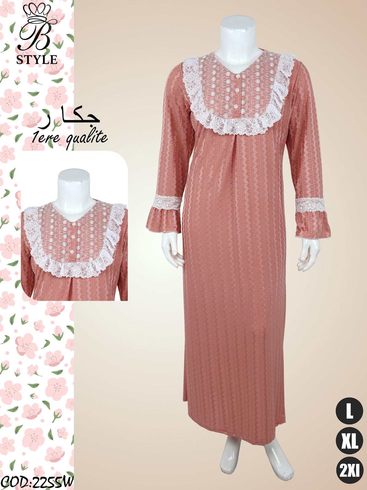 Chemise de Nuit Femme Longue à Col Dentelle – Réf. 2255W